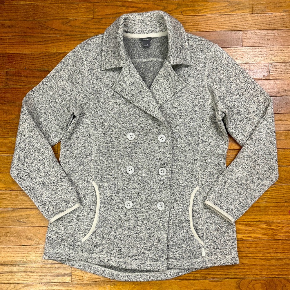 Eddie Bauer Womens Double Breasted Heather Grey Fleece Sweater Jacket Sz Large